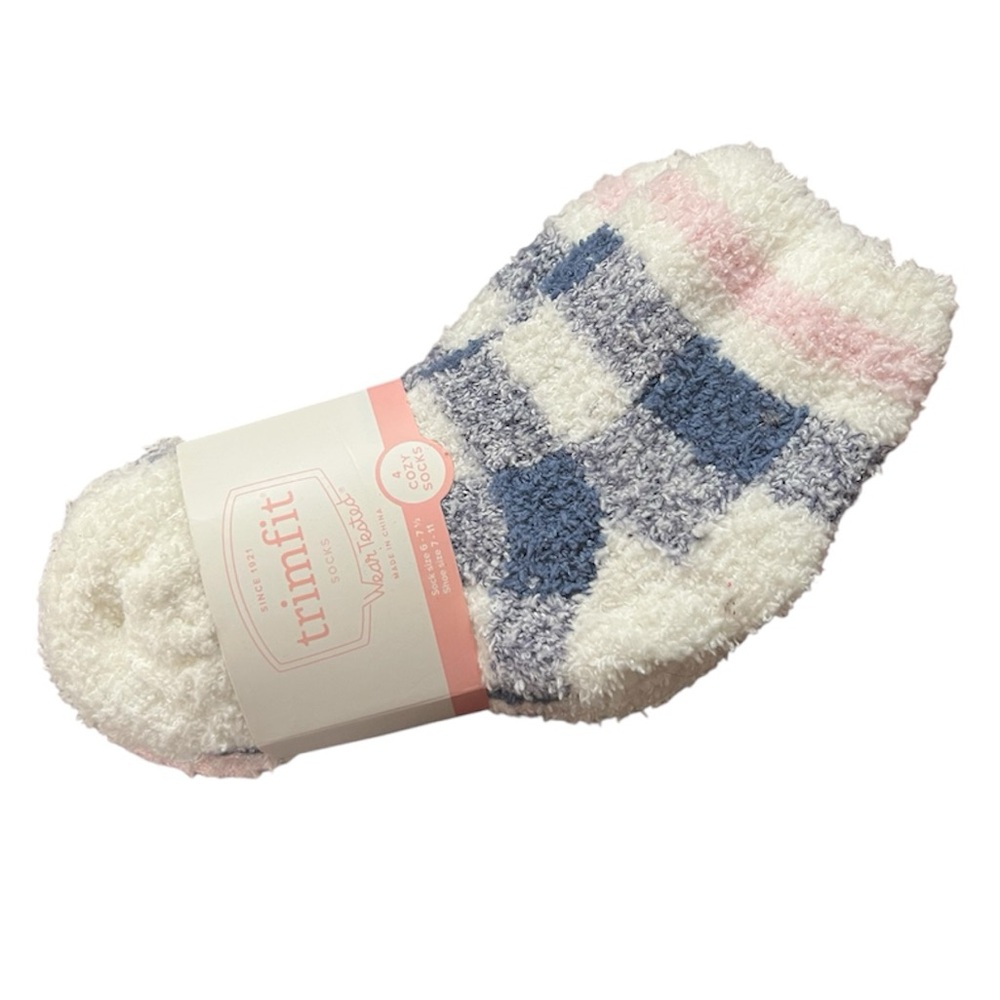 Trimfit Women’s Cozy Socks Blue Pink White Plaid Check Size S/M 6–7.5 Shoe 7–11
